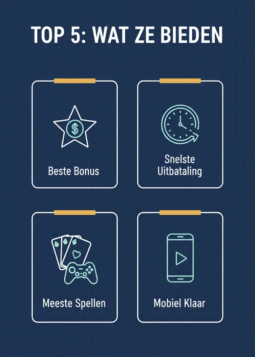 Wat de top 5 casino zonder licentie biedt: beste bonus, snelste uitbetaling, meeste spellen en mobiel klaar als badges.